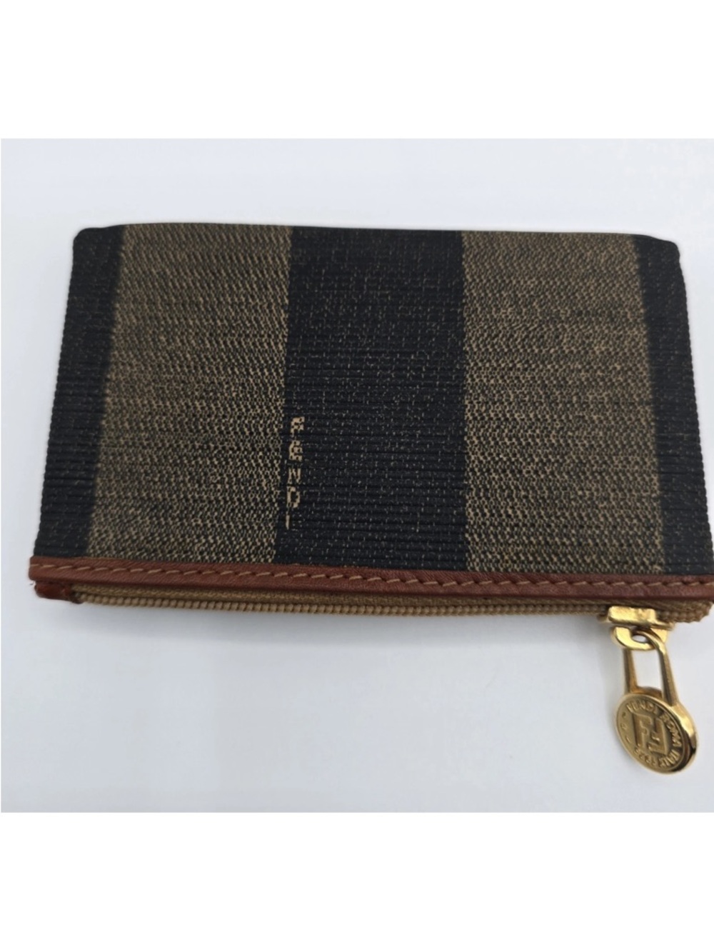 Fendi Pequín Brown Leather Trim Striped Canvas Coin Keys Pouch w/ Gold Hardware - Picture 9 of 11